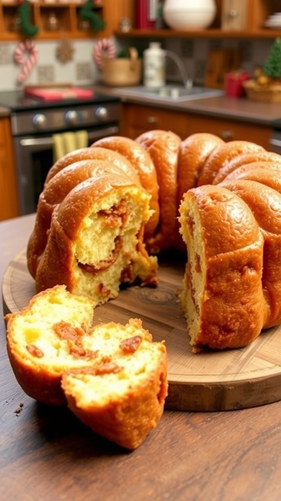 A delicious keto monkey bread with golden-brown pieces, coated in cinnamon and sweetener, on a wooden table.